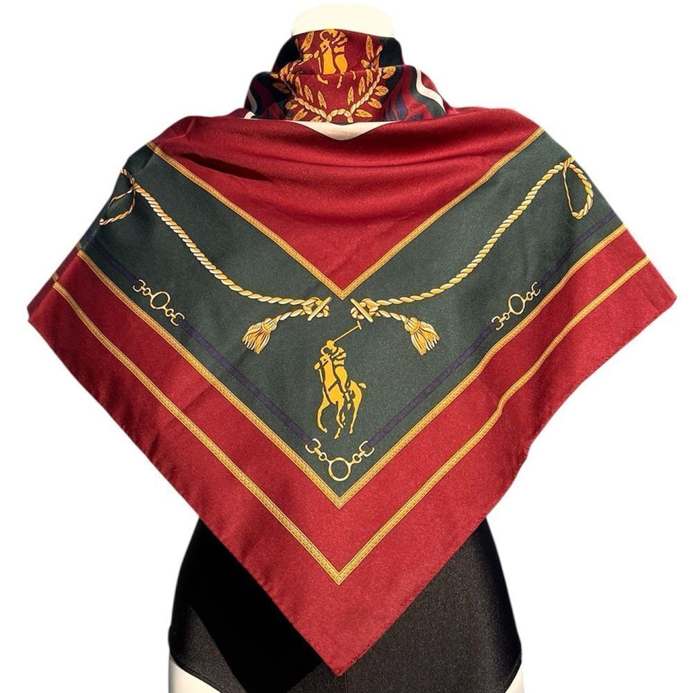 Polo Ralph Lauren Burgundy Uni Crest Equestrian Satin Square Scarf 34” X 35”